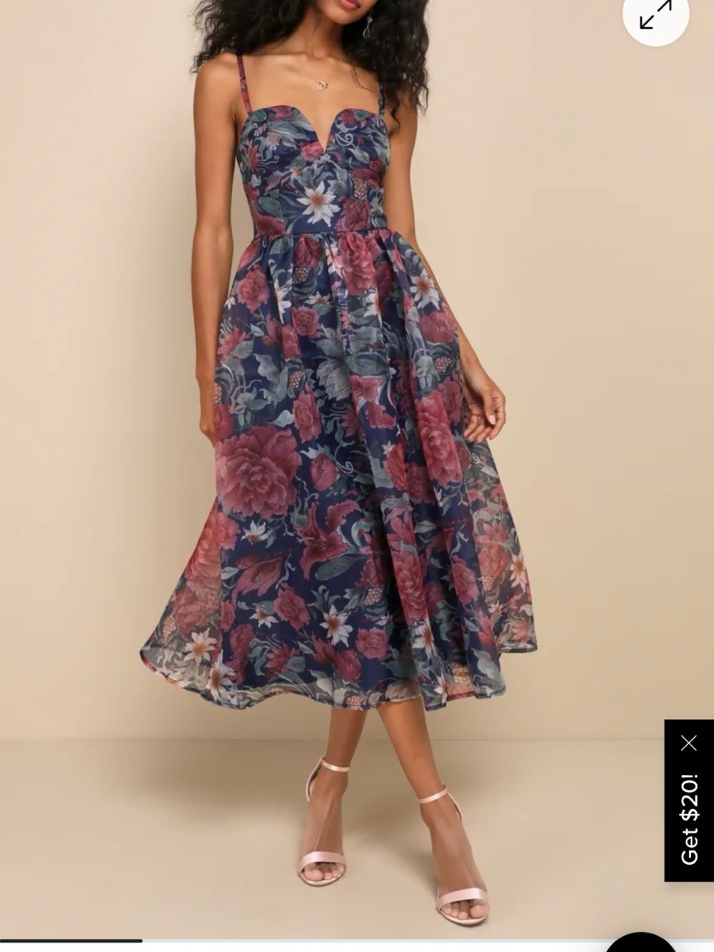 Cherished Aura Navy Blue Floral Organza Bustier Midi Dress
Lulus